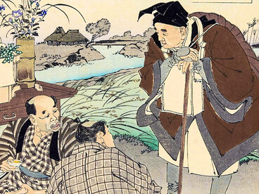 Matsuo Bashō se encuentra con dos agricultores que celebran el festival de la luna de mediados de otoño, grabado de Los Cien Aspectos de la Luna de Yoshitoshi (1891). El haiku dice: «Desde la luna creciente, he estado esperando esta noche»