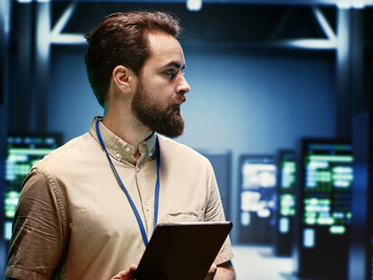 Supervisor conducting a routine server inspection; developer identifying server issues