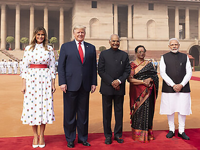 President Donald J. Trump and First Lady Melania Trump pose for a photo with Indian President Ram Nath Kovind, his wife Mrs. Savita Kovind, and Indian Prime Minister Narendra Modi during a welcome ceremony at Rashtrapati Bhavan, the Presidential Palace, on Tuesday, February 25, 2020, in New Delhi, India