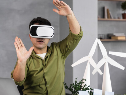 Front view of a man envisioning sustainable energy, with wind turbines highlighting the potential of renewable investment
