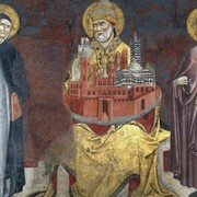 S.Pietro Alessandrino tra i Beati Andrea Gallerani e Ambrogio Lorenzetti, Sano di Pietro, 1446, Cancelleria di Biccherna,  Palazzo Pubblico Siena.