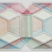 Adrina Esparza, Game Spot, 2017, Sarape, wood, nails, enamel 2-parts, 42 × 82 in, 106.7 × 208.3 cm. Courtesy of New Art Projects