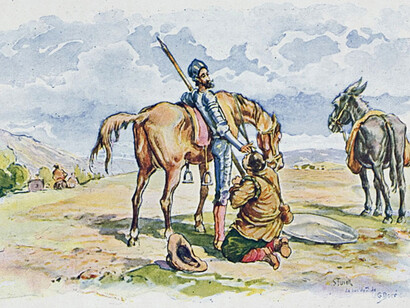 "El ingenioso hidalgo Don Quijote de la Mancha",1905, vol 1 p.139, edición adornada con acuarelas de Salvador Tusell, 1894?,  sacadas de las célebres composiciones de Gustave Doré. Casa Editorial Vda. de Luis Tasso, Barcelona, España