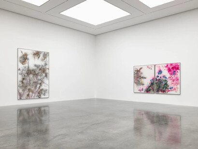 Cai Guo-Qiang, Gunpowder and abstraction 2015–2025, exhibition view. Courtesy of White Cube