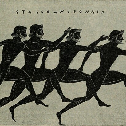 Anfora panatenaica. Monaco, 498 secolo VI a.C. Serie di salti con braccia e dita aperte. Illustrazione dal libro "Greek athletic sports and festivals", 1910