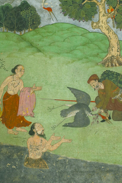 A fowler kills a bird and the cry of its mate gives Valmiki the measures in which he composes the Ramayana