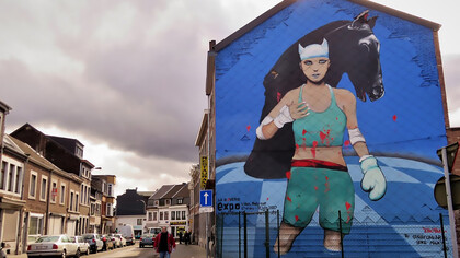 A fresco in Belgium paying tribute to cartoonist Enki Bilal, created on March 12, 2018, by artists Soke and Michaël Nicolaï
