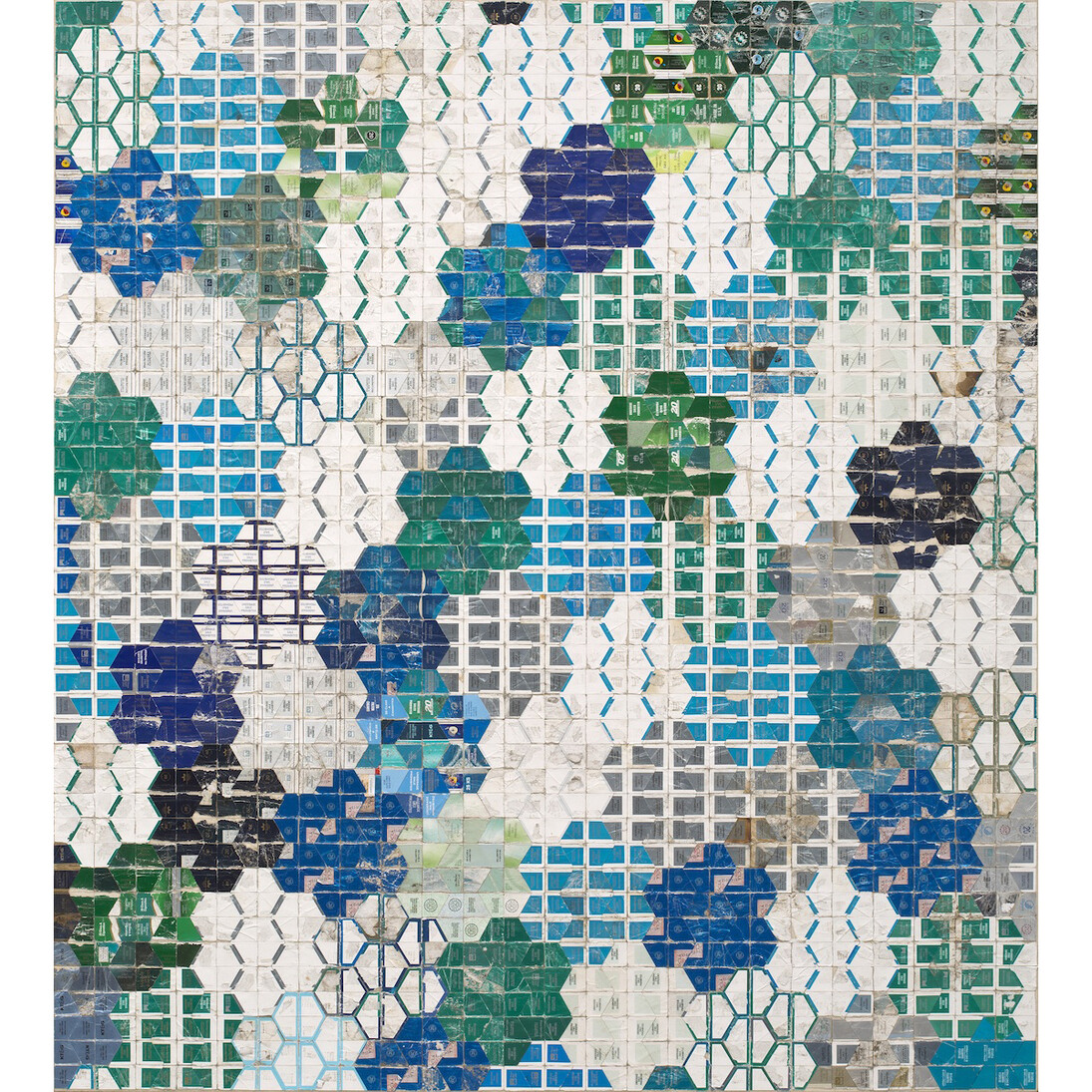 Robert Larson, Blue Green Honeycomb, 2014, Discarded cigarette packaging on canvas, 38.75 x 34.75 inches, 98.4 x 88.3 cm