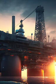 The intersection of geopolitics and energy resources with a stunning image of an oil platform in the ocean, illuminated by the setting sun, symbolizing the pivotal role of oil and gas in global power dynamics