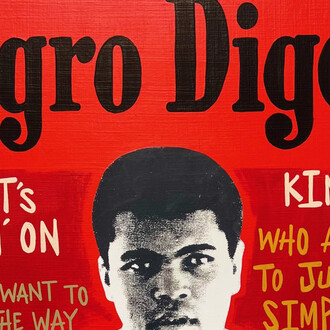 Milton Bowens, Negro digest- Ali - What’s goin’ on (detail), 2026. Courtesy of The Camp Gallery