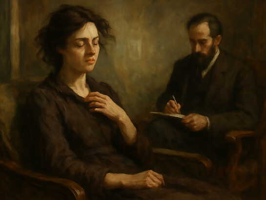 An artistic, painting-like scene evoking the gothic mood of Wuthering Heights — a quiet moment of reflection and unspoken turmoil