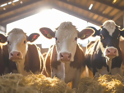 Group of cows inside a dairy barn with hay