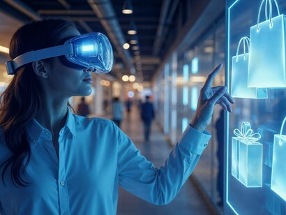 A woman in a sleek VR headset navigates a digital storefront, highlighting the rise of immersive retail in the fashion tech era