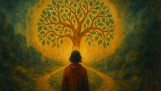 Standing at the crossroads of shadow and light, a lone figure gazes upon the glowing Tree of Life, symbolizing the journey toward self-discovery and true purpose