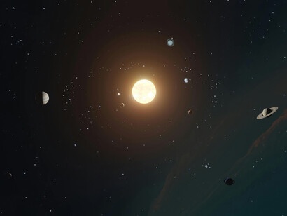 The planets of our solar system revolving around the Sun in the vast darkness of space
