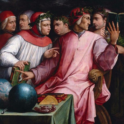 Giorgio Vasari, Sei poeti toscani, pittura a olio, 1544. I personaggi ritratti sono: Dante, Petrarca, Guido Cavalcanti, Boccaccio, Cino da Pistoia e Guittone d'Arezzo