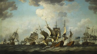 Richard Paton (1717–1791) "La batalla de la bahía de Quiberon", pintura.
La batalla de la bahía de Quiberon, ocurrida el 20 de noviembre de 1759, fue el encuentro naval más decisivo durante la Guerra de los Siete Años (1756-1763), un conflicto que involucró a las principales potencias coloniales europeas y se libró en todo el mundo. Museos Reales de Greenwich, Londres, Inglaterra 