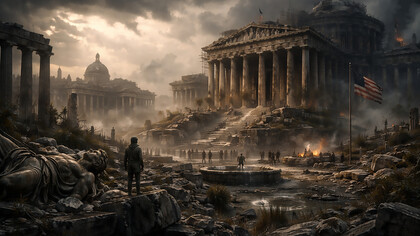 A civilization surrounded by its own ruins, where power stands rigid while creative life slowly erodes from within
