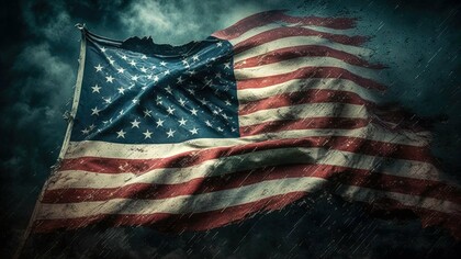 A frayed American flag hangs in quiet testimony to a nation grappling with democratic strain