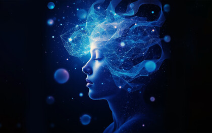 Sacred geometry and neural patterns emanate from a glowing profile, flowing seamlessly into the vast cosmic depths of consciousness