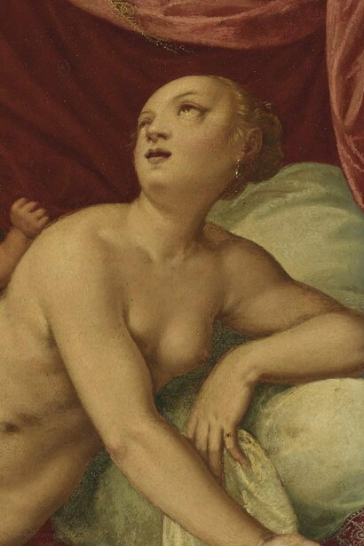 "Danae", Johann König, óleo sobre madera, siglo XVII 