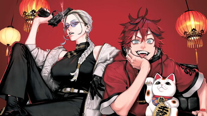 An illustration of two Gokurakugai characters, with Alma’s vivid red jacket heightening his bold, mischievous presence