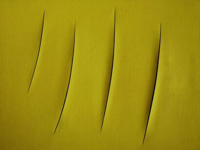 Entre mármoles y figuras dolientes, comprendió que el arte podía contener tanto la muerte como la supervivencia. Lucio Fontana,Lucio Fontana, Italian, 1899-1968, "Concepto Espacial", Attese, 1962, Pintura al agua sobre canvas