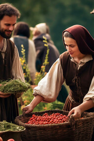 Experience a vivid portrayal of medieval life with a historical rendering of a bustling market scene, capturing the vibrant food culture and lively atmosphere of the era