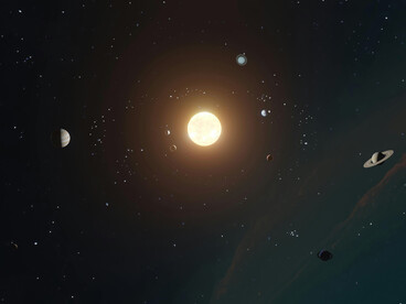 The planets of our solar system revolving around the Sun in the vast darkness of space