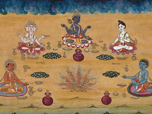 Gouache painting by an Indian artist depicting Vishnu, Brahma, and three other deities performing a yagna—the ancient Vedic fire sacrifice dedicated to Agni, the god of fire. Seated around the sacred flame, the deities offer oblations in a ritual symbolizing cosmic order, divine harmony, and the transmission of offerings to the gods through fire. This artwork reflects the spiritual and ceremonial grandeur of Vedic tradition