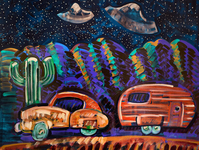 Frank Romero, Flying saucers over Tucumcari (detail), 2025. Courtesy of Luis De Jesus Gallery