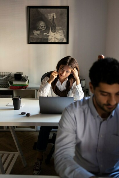 An anxious man working at his desk, struggling with corporate burnout