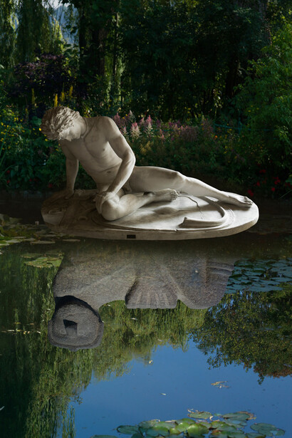 Ken Gonzales-Day, Reflection (Digital Composition with Plaster Copy of Roman Copy, Dying Gaul, Royal Cast Collection, Copenhagen; Mesoamerican, Chac Mool, National Museum of Anthropology, Mexico City; Monet’s House and Garden, Giverny), 2025. Courtesy of Luis De Jesus Gallery