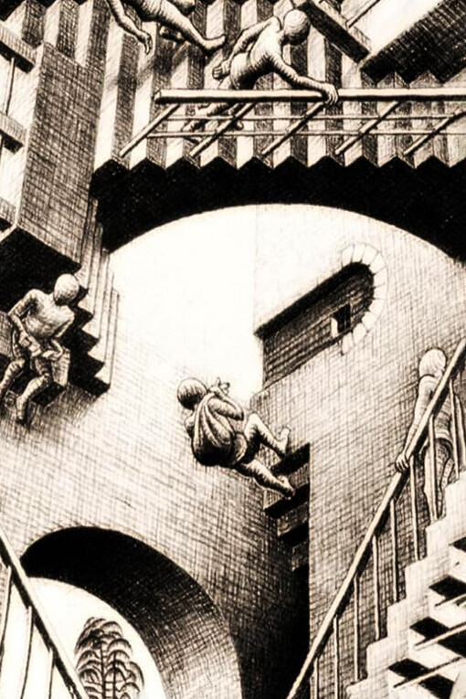 M.C. Escher, Relatividad (1953, detalle)