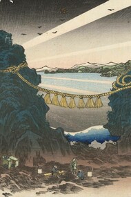 La costa di Futami, durante l'alba; sulla spiaggia le famose “rocce sposate” (Meoto-iwa), queste due rocce collegate da una corda simboleggiano il dio Izanagi e la dea Izanami, i creatori mitologici del Giappone, tra il 1828 e il 1832