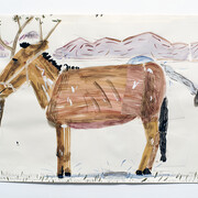 Rose Wylie, Afghan Horse Being Washed, 2014, Watercolor, pencil and collage on paper, 23.5 x 33.25 in (59.7 x 84.5 cm). Courtesy of the Artist and Thomas Erben Gallery, New York
