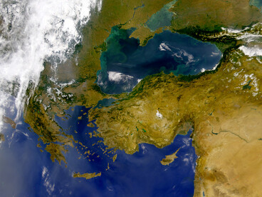 A detailed satellite view capturing the Eastern Mediterranean and the Black Sea, highlighting the geographical and topographical features of the region, 1998