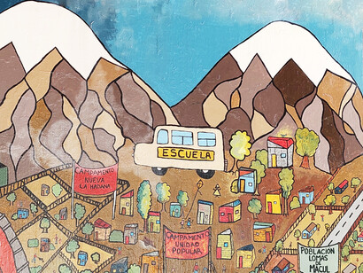 En su lado derecho, el mural retrata los años 70 con campamentos populares y la violencia de la dictadura irrumpiendo en la vida cotidiana