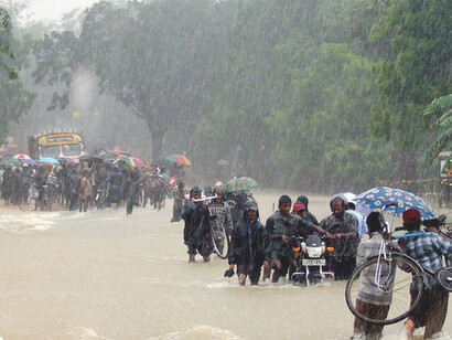 Monsoon flooding in the Vanni in November 2008 in Sri Lanka with streets submerged after heavy rains