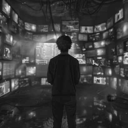 A lone figure immersed in a sea of screens, their outline softly glowing in the digital haze