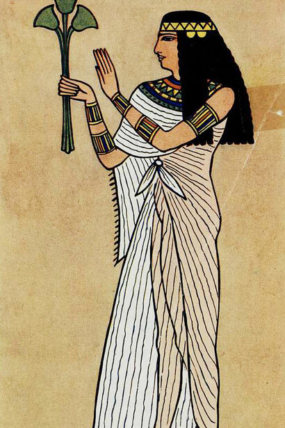 The fourth classification of Egyptian attire, shown in the examples on Plate X as well as pages 33, 34, and 35, consists of draped or shawl-type clothing. This style closely resembles the way the contemporary Indian sari is draped