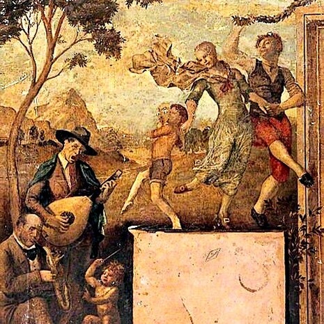 Rex Whistler, " Rural Scene with Putto Conducting Two Men Playing the Lute and Saxophone and Figures Dancing", 1925, dettaglio