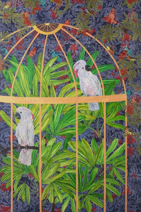 Julia Lucey, Cedar waxwings and the aviary, 2025. Courtesy of Wally Workman Gallery