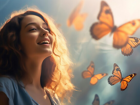 A woman surrounded by butterflies experiences a boost in mental health, highlighting the transformative power of nature and mindfulness