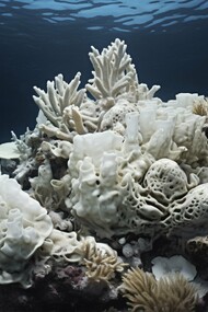 A coral reef suffers under the stress of a marine heat wave; as ocean temperatures rise, vibrant ecosystems like this one fade to white, threatening the delicate balance of marine life and the herbivorous fish that depend on it