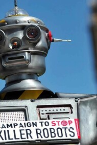 A protest against AI technology being used in military warfare in London, UK