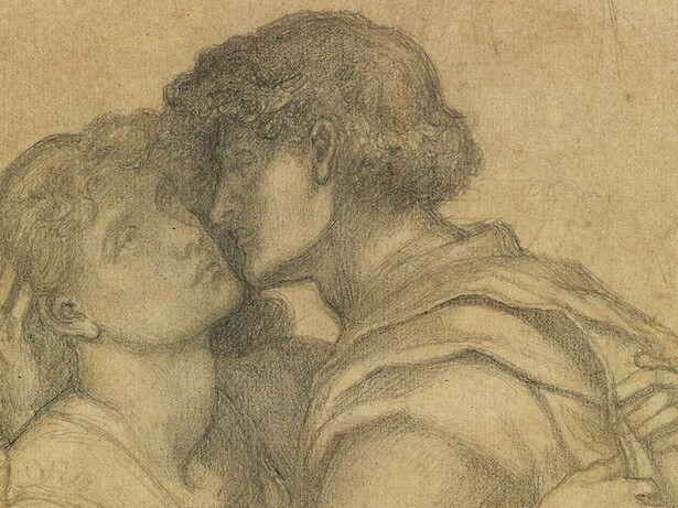"El abrazo", lápiz sobre papel, Dante Gabriel Rossetti, sin fecha
