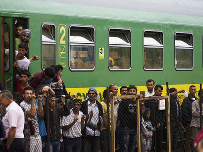 On 4 September 2015, Syrian refugees stage a protest at Keleti railway station in Budapest during the height of the refugee crisis