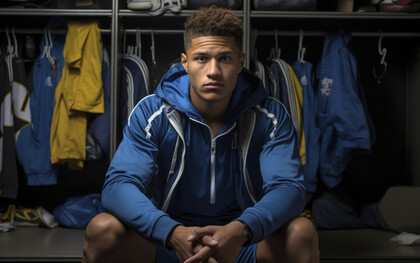 A young athlete sits in locker room showing determination and focus that drive not only performance but also financial strategy 