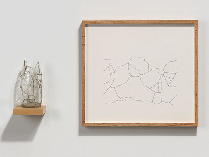 Amikam Toren, Simple Fractions XV, 1975, Glass, araldite, shelf, drawing, Drawing 14 1/4 x 16 inches; sculpture 8 x 4 x 4 inches. Courtesy of the artist and Jessica Silverman Gallery